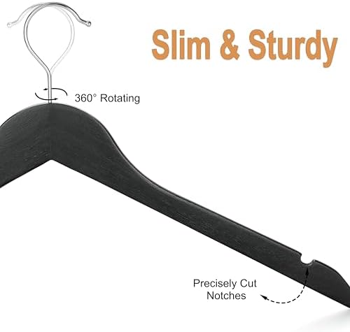 TOPIA HANGER Wooden Hangers 30 Pack, 0.28-inch Slim & Durable Clothes Hangers Space Saving, Black Wood Hanger with 360°S