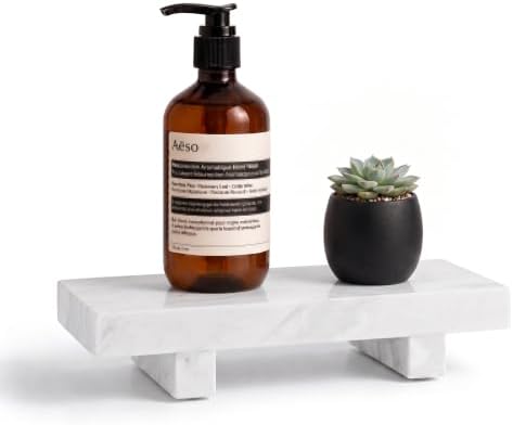 Natural Marble Tray Pedestal Stand for Bathroom Countertop, 9" x 4" Stone Riser for Soap, Perfume & Candles, Waterproof 