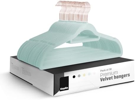 KEPLIN Velvet Hangers 30 Pack - Non-Slip Clothes Hangers with Tie Bar & 360° Hook - Durable & Sturdy, Space-Saving Wardrobe Organisers for Suits, Jackets & Clothes- Home Storage Solution (Mint Green)