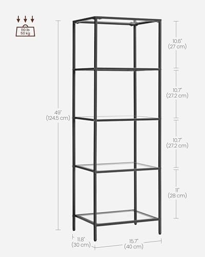 VASAGLE Bookcase Bookshelf, Tempered Glass Bookshelves, Steel Frame