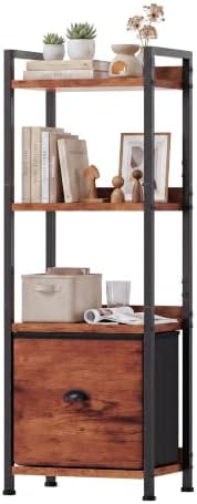 OLIXIS 4 Tier Bookshelf with Drawer, Narrow Freestanding Open Bookcase