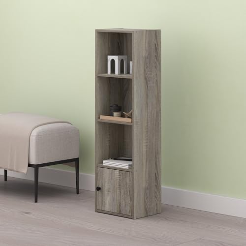 Hagen 4-Tier Bookshelf, 42 Inch Tall Bookcase with Open Shelves and Door, for Living Room, Home Office, Olive Oak