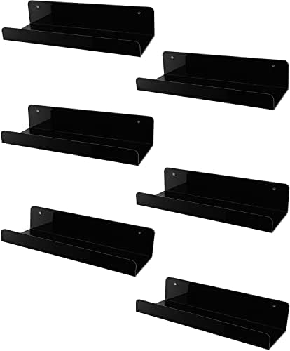 Sooyee 6 Pack Black Floating Shelves, 15 Inch Acrylic Shelves, Wall Mounted Bookshelf, Invisible Picture Ledge Display S
