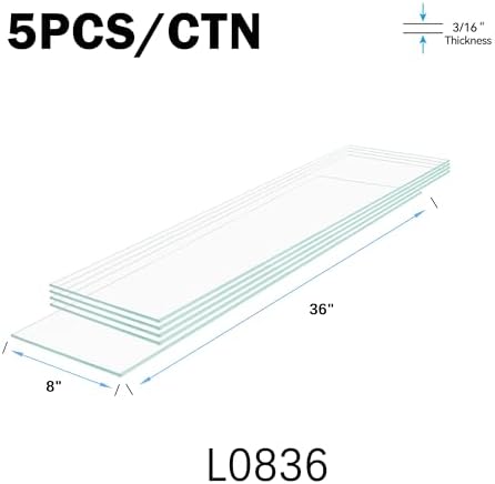 08" x 36" - 5-Pcs Tempered Glass Rectangular Shelves - 3/16" Thick - Home & Office Storage Racks