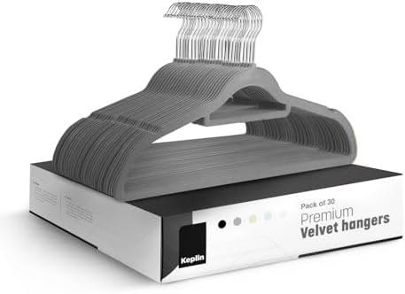 KEPLIN Velvet Hangers 30 Pack - Non-Slip Clothes Hangers with Tie Bar & 360° Hook - Durable & Sturdy, Space-Saving Wardrobe Organisers for Suits, Jackets & Clothes- Home Storage Solution (Grey)