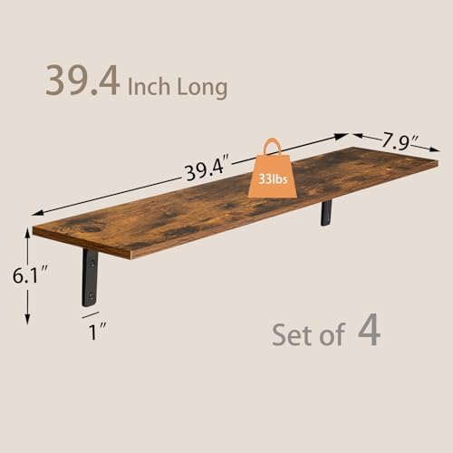 DINZI LVJ Long Wall Shelves, 39.4Inch Wooden Wall Mounted Shelves, Set of 4