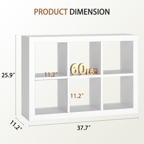 furtble Bookshelf with Storage Bin, 6-Cube Storage Organizer, Modern Wood Open Bookcase, Multifunctional Display Cubicle