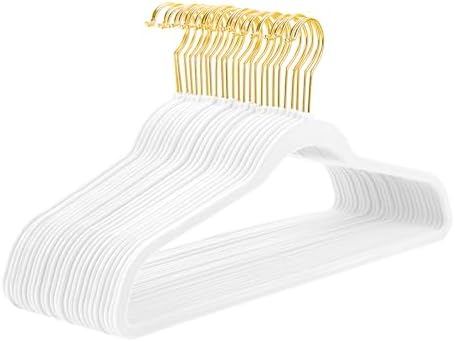 MIZGI White Velvet Hangers 100 Pack,Premium Gold Clothes Hangers Non-Slip Felt Hangers,Sturdy White Hangers Heavy Duty Coat Hangers,Durable Suit Hangers Space Saving, No Flocked Hanger Marks