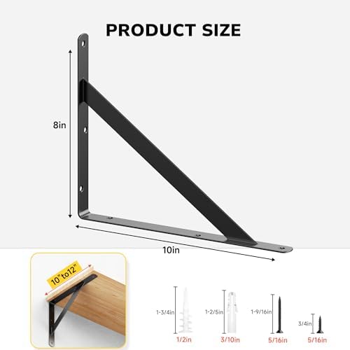12 Pack 10 Inch Heavy Duty Shelf Bracket, Wall Shelf L Brackets for Floating Shelves, 250 LBS Max Load, Mounting Hardwar