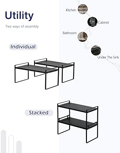 Nxconsu Stackable Cabinet Shelf Organizer 2 Pack, Wide Black