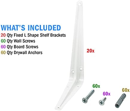 Nuk3y L Shape Heavy Duty Shelf Bracket with Screws, 20 Pack (6"" x 8"", White)