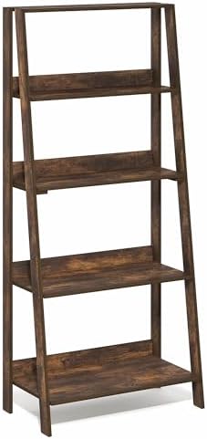 Furinno Ladder 5-Tier Book Shelf, Leaning Standing Shelf, Amber Pine
