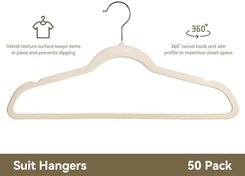 Premium Velvet Hangers 50 Pack, Non-Slip Suit Clothes Hangers, 360 Degree Swivel Hooks and Slim Profile to Maximize Closet Space Beige/Silver