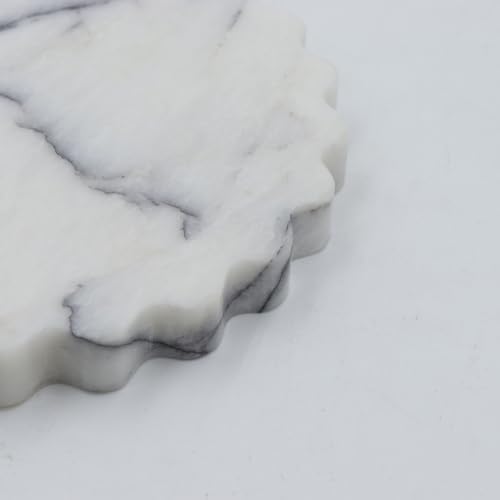 Round Marble Decorative Tray with Scalloped Edge, Luxury Natural Stone Bathroom Vanity Tray, Dresser Top Perfume Coffee 