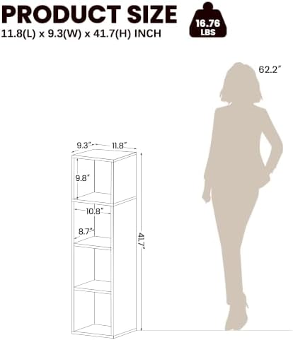 4 Cube Storage Organizer,4 Tier Narrow Bookshelf, Brown Vertical Cube Shelf
