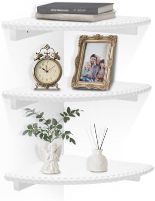 Lamapggio Corner Floating Shelves with Double Support Brackets, 3 Pack Wood Wall Mount Round Display Shelf for Bedroom, 
