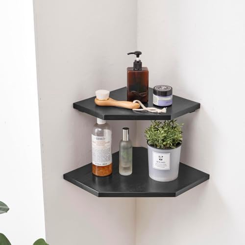 Corner Wall Shelves Set 2 Solid Oak Wood with Wire Hole Wall Mount,Black