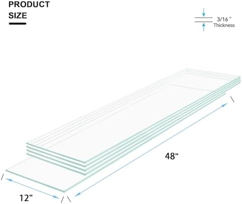 12" W x 48" L - Tempered Rectangle Glass Shelf Without Frame (5 Pieces Set) - 3/16" Thick -Pencil Polished