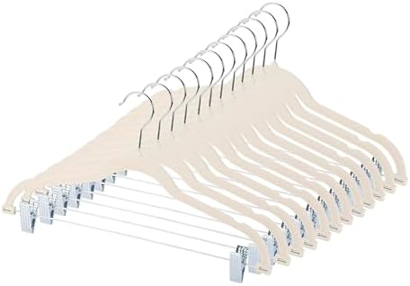 Velvet Pants Skirt Hangers with Clips - Pack of 20 Beige Shirt Clothes Felt Non Slip Heavy Duty Slim Hanger Set for Skirts Pant Suit Shorts Women Dress,Space Saving with Two Metal Clip