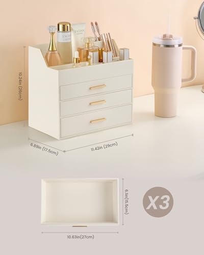 Lolalet Makeup Organizer for Vanity Desk, 4-Layer PU Leather Luxury Make Up Storage Cosmetics Holder Box with Drawers -B
