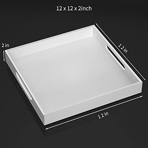 NIUBEE Acrylic Serving Tray 12x12 Inches -Spill Proof- White Decorative Tray Organiser for Ottoman Coffee Table Countert
