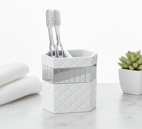 Creative Scents Quilted Mirror White 4 Piece Resin Bathroom Accessories Set
