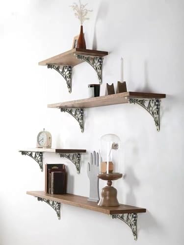 Decorative Shelf Bracket 6 inch, Brushed Antique Brass Brackets for Shelving, Heavy Duty Vintage, DIY Projects, Hardware