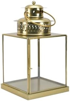Serene Spaces Living 12" Aurea Candle Lantern, Gold Square Metal Candle Holder - Table, Mantel Decor, Elegant Decorative