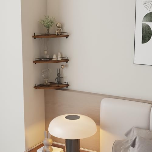 Trwcrt Corner Shelf Wall Mounted Set of 3, Floating Wall Shelves Rustic Wooden Storage Shelves for Bedroom, Living Room,