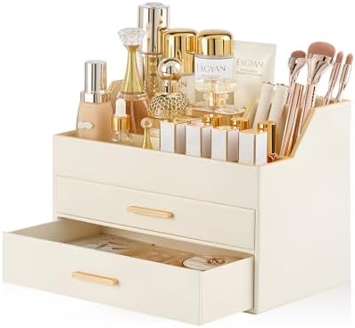 Lolalet Makeup Organizer for Vanity Desk, 3-Layer PU Leather Luxury Make Up Storage Cosmetics Holder Box with Drawers -B