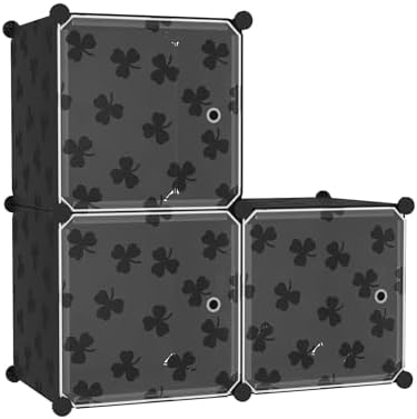 C&AHOME Clover Embossed Storage Organizer with Doors 3-Cube Shelf Black
