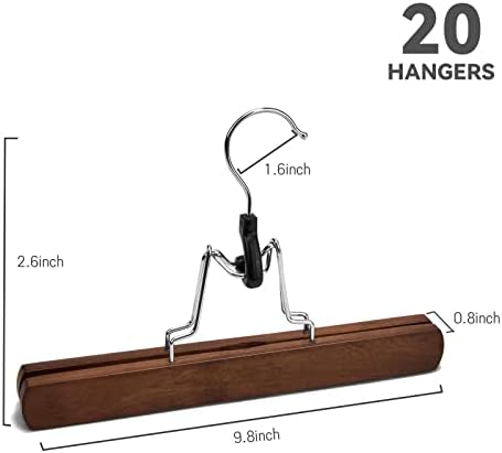 Nature Smile Wooden Pants Hangers Non Slip Smooth Finish Solid Wood Clamp Skirt Hanger Hair Extension Hangers with 360° Swivel Hook (20Pcs, Retro)