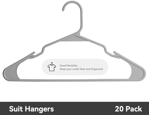 Plastic Hangers - 20 Pack, Durable Space Saving Hangers for Everyday Use and Dorm Room Essentials - Grey