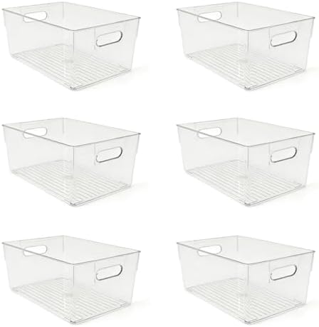 6 Pack Thick Clear Stackable Storage Bins, Cabinet Organizer, Plastiic Containers with Handle for Kitchens, Bathrooms an