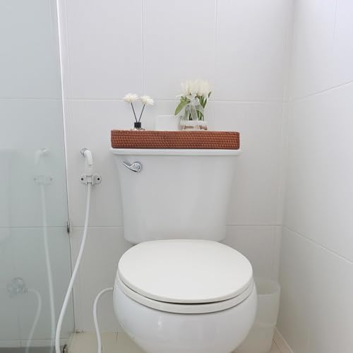 Rattan Bathroom Vanity Trays Toilet Tank Baskets Long Narrow Hand Towel Storage Basket for Storage, Decorative (Honey Br
