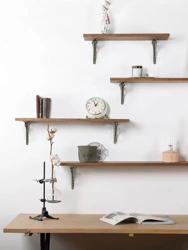 Decorative Shelf Bracket 8 inch, Brushed Antique Brass Brackets for Shelving, Heavy Duty Vintage, DIY Projects, Hardware