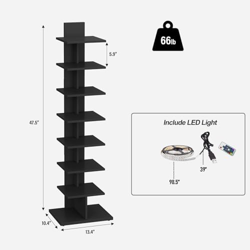 TUTOTAK Book Shelf, Narrow Spine Bookshelf, 8-Tier Bookcase with LED Lights