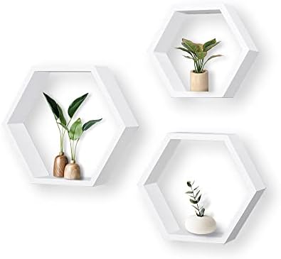 ROSE BLOOM Set of 3 White Wood Hexagon Shelves for Wall Decor - Farmhouse Honeycomb Shelves for Living Room Decor, Kitch