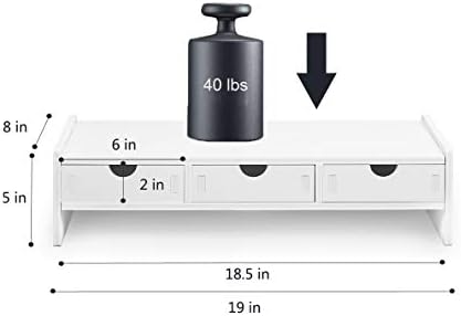 valen Monitor Stand Riser, Computer Laptop Riser Shelf with 3 Organizer Drawers (White, 19.5" L x 7.5" W x 4.7" H) (Whit