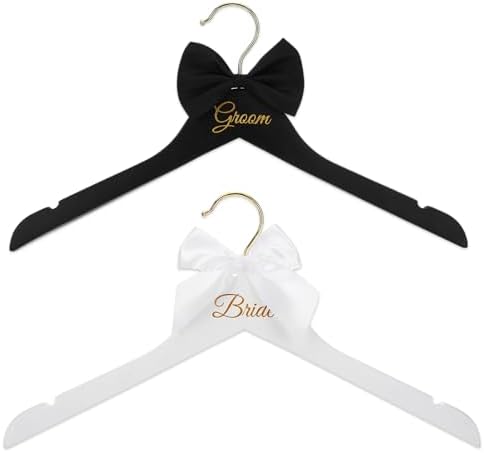 2 Pcs Bride Hanger and Groom Hangers Set, Wooden Wedding Dress Hanger,Wedding Accessories for Bride and Groom Gifts, Wedding Hangers with Letter and Bow Tie for Bridal Party Shower