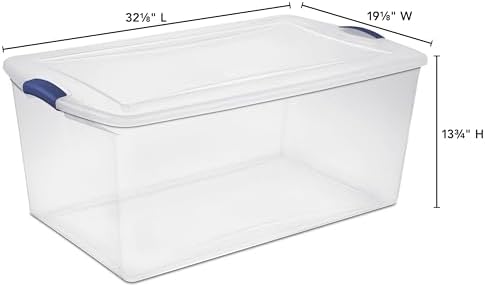 105 Qt. Plastic Storage Bin with Durable Lid, Stackable and Nestable Clear Tote Container Featuring Blue Buckles, Ideal 