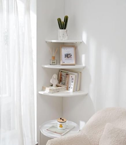 Corner Wall Shelves, White Floating Corner Shelf, Set of 2 16inch Solid Oak Wood Shelves, Round End Wall Mount Display S