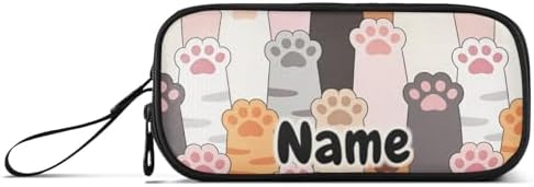 Custom Cat Paw Prints Pencil Case Box Boys Girls Personalized Name Large Pencil Pouch Stationery Pen Bag Organizer for Kids Adults School Office