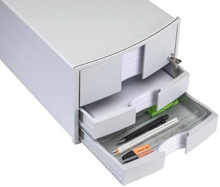 HAN Impuls 2.0 Drawer Box Lockable with 3 Closed Drawers for DIN A4/C4 Including Labelling Labels, Document Box, Base with Pull-Out Lock, Furniture-Friendly Rubber Feet, 1018-11, Light Grey