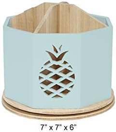 Spinning Desktop Stationary Organizer – Decorative Wooden Rotating Pen and Pencil Cup – Desk and Table Top Office Supplies Station - by Designstyles (Sky Blue Pineapple Cutout)