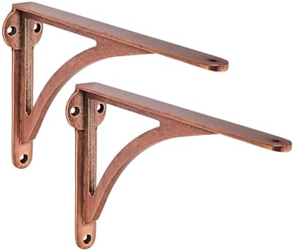 Khtumeware 100% Solid Brass Decorative Shelf Brackets, 8-inch Wall-Mounted Shelving Brackets, 2-Pack Antique Copper Vint