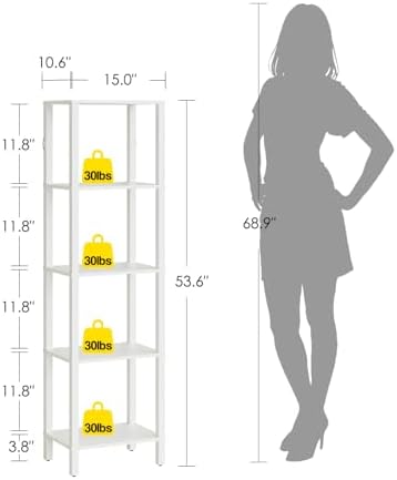 Open Book Shelf, 5 Tier Tall Bookshelf, Freestanding Shelf Narrow Bookcase with Open Shelves, 14.96" x 10.63" x 53.54", 