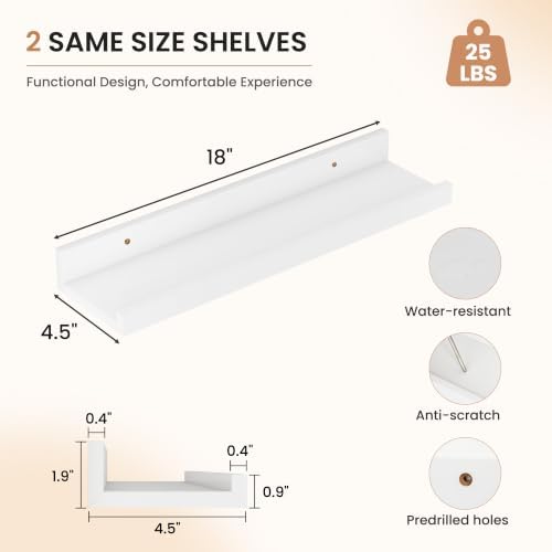 Dreamland Picture Ledge Shelf for Wall, Floating Shelves Set of 2,18 inch Long Floating Shelves with Lip for Living Room,Bedroom,Bathroom,Kitchen,White