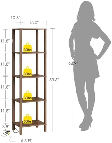 Open Book Shelf with LED Lights, 5 Tier Tall Bookshelf, Freestanding Shelf Narrow Bookcase with Open Shelves, 14.96" x 1