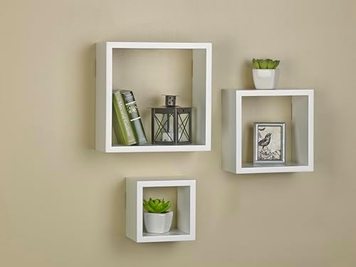 MELANNCO Floating Square Cube Shelves, for Bedroom, Living Room, Bathroom, Kitchen, Nursery, Set of 3, White, 3 Count